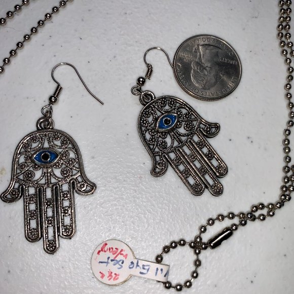 28" Ball Chain Necklace with Hamsa Pendant and Matching earrings, set - Picture 8 of 10